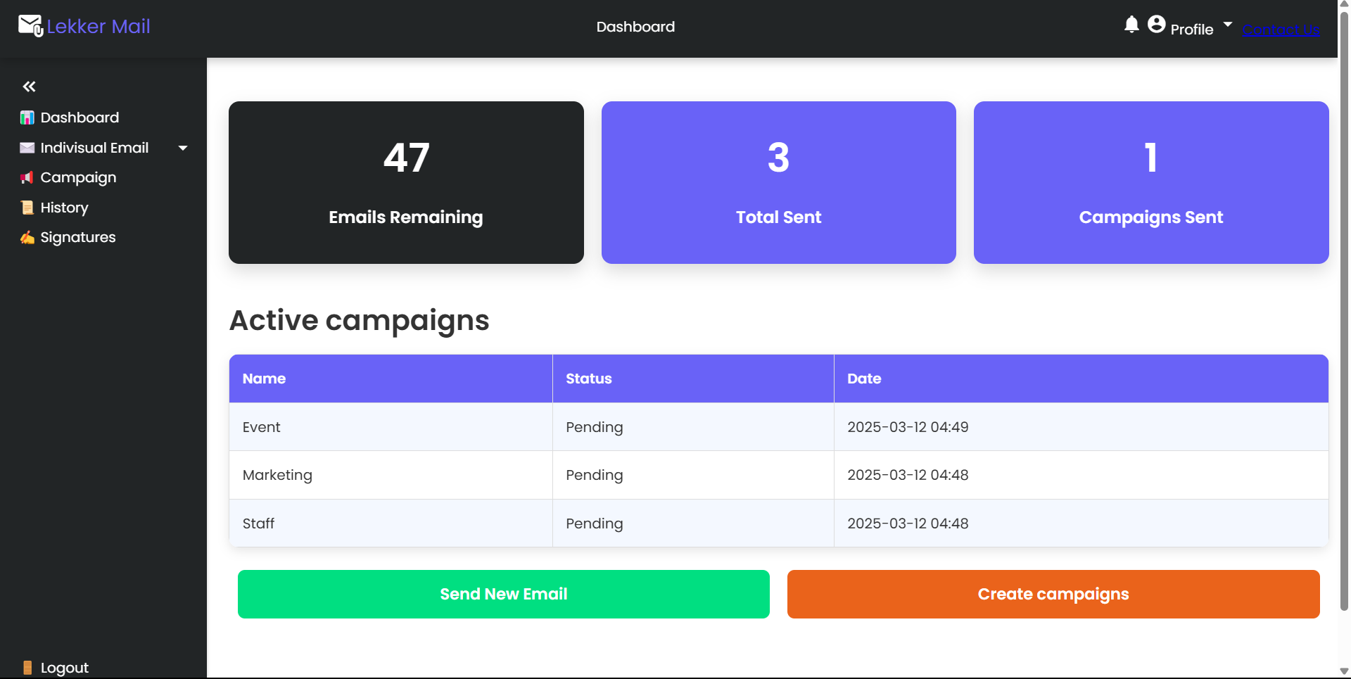 Lekker Mail Dashboard